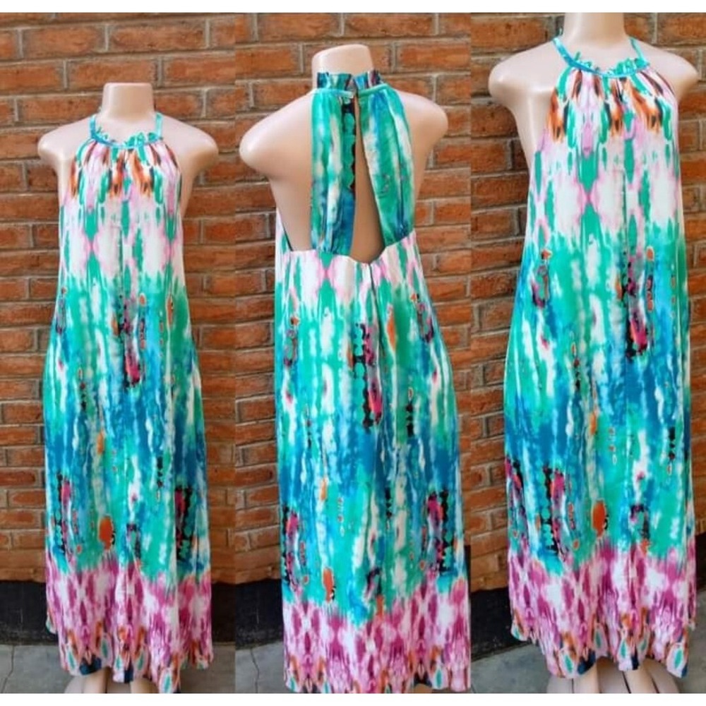 BUDDY LOVE WATERCOLOR Tie Dye MAXI DRESS Sz S Halter Open Back‎ Blue Pink Lined